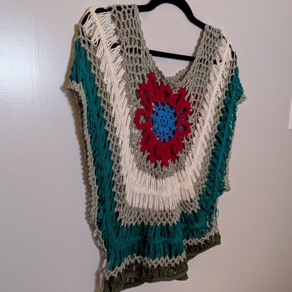 Boho Crochet Knit Top Multicolor Flower Design Festival Hippie Style Batwing - Picture 6 of 14